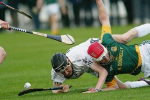 Kildare's Eanna O'Neill and Meath's Neil Heffernan go to ground to claim possession during the Leinster U21 "A" huling final at Trim. Photo: HoganStand.com