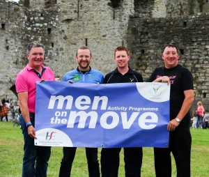 At the launch of the Men on the Move project at Trim Castle were (L to R): Philip Cassidy (Irish Cycling Legend), P.J Gallagher (Comedian), Ruairi Murphy (Meath LSP) and John Tobin (Friends of St. Josephs, Trim).