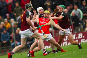 Not much room for Trim's Neil Heffernan as Philly Garvey, Iarla Hughes and Ronan Ryan close in during the Meath SHC final at Pairc Tailteann